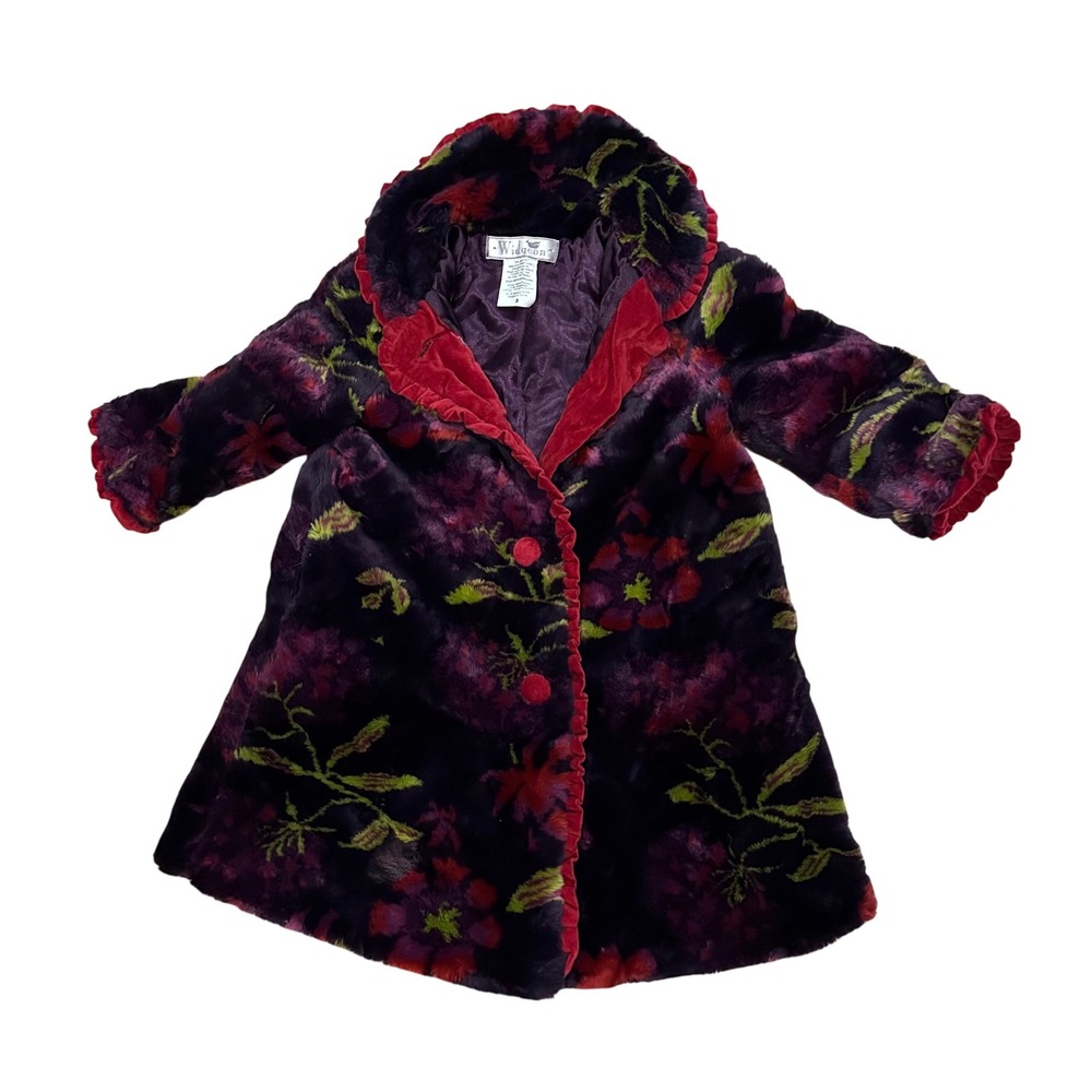 Widgeon Girls Faux Fur Floral Coat Size 3T Purple Red Ruffle Missing 2 Buttons